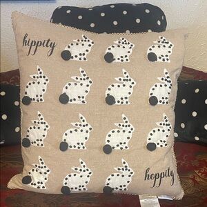 Tan Pillow with Black and White Easter Bunny Design